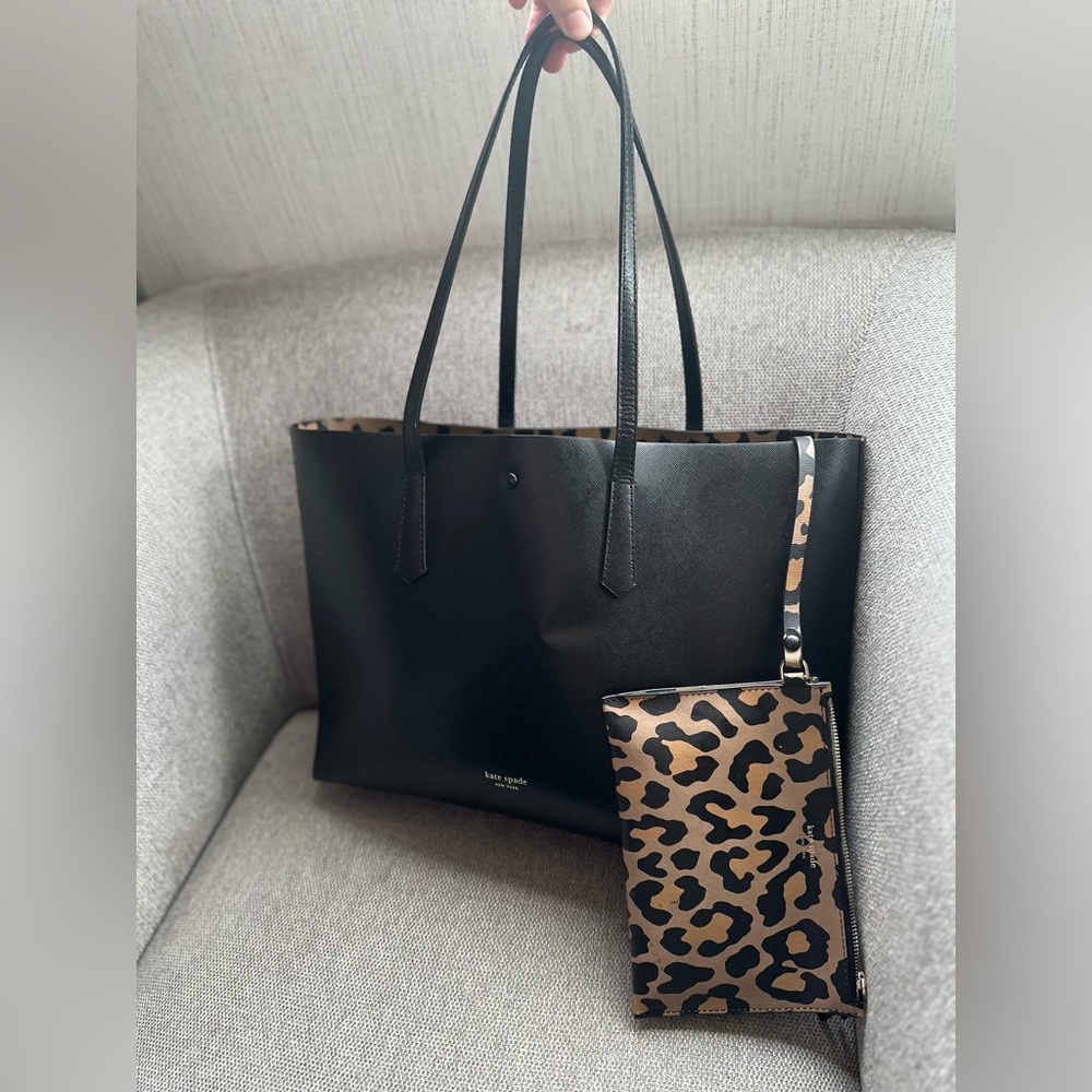 Large black and cheetah Kate spade tote with matching clutch